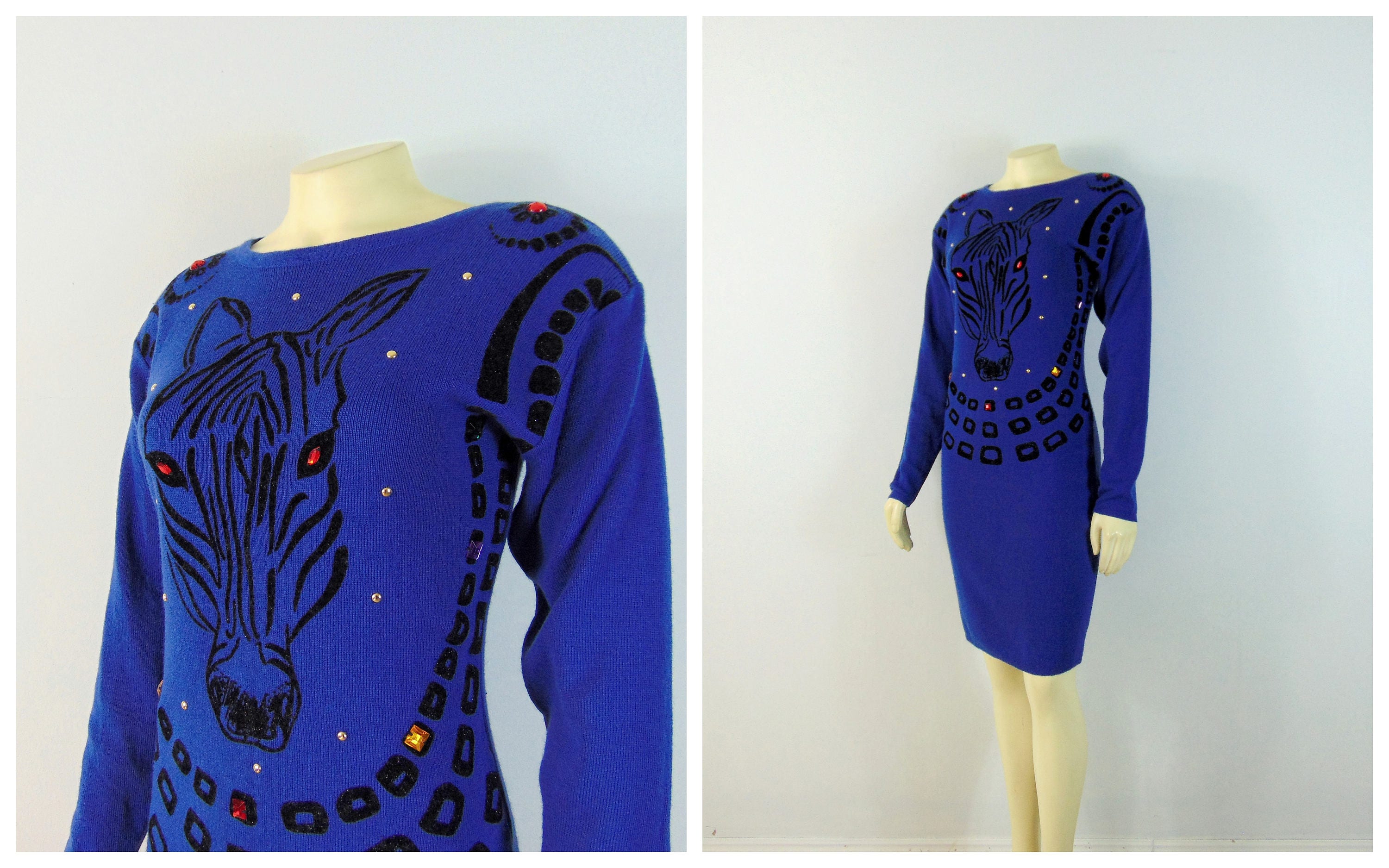 90s Vintage Dress Unique Dressy Tessy Zebra Horse Head Studs