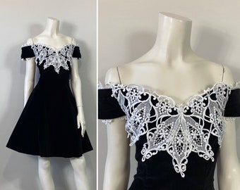 80s 90s Prom / Homecoming Dress Black Velveteen White Applique Full Skirt Crinoline Off Shoulder NWT Size Small