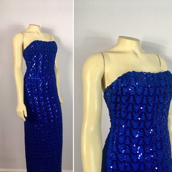 DESIGNER 70s Mike Benet Formals Blue Sequin Dress… - image 1