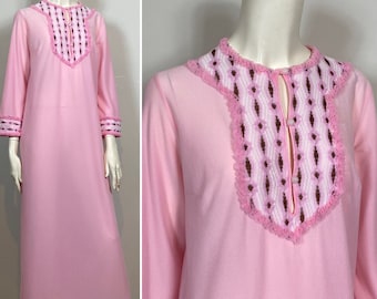 60s 70s Pink Nightgown| Vintage Nightgown Pink White and Brown| Embellished Neck & Cuff Nightgown| loungewear|Small to Medium