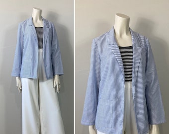 80s Cotton Blazer| 80s Searsucker Blazer| 80s Lightweight Blue & White Striped Blazer| 80s Lightweight Jacket| 80s Blue Blazer