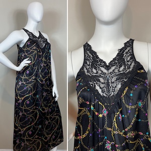 Chemise de nuit des années 80 | Vasserette années 80, chemise de nuit colorée en or noir et imprimé bijoux |  Taille Moyenne à Grande