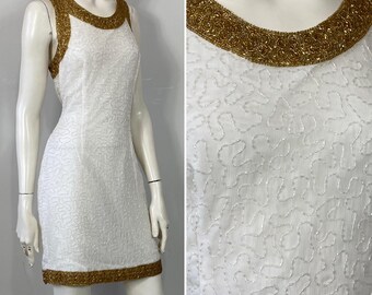 DEADSTOCK Y2K White & Gold Beaded Sheath Dress NWT| Vintage Laurence Kazar White Beaded Dress nwt