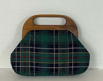 Vintage Plaid Handbag | SMCo Green Tartan Wooden Handle Purse