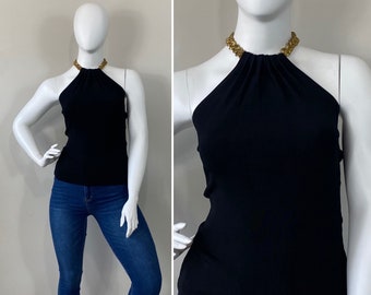 Y2K Halter Neck Top| Y2K NWT Deadstock Halter Neck Top| Brass and Black Shirt XL Modern Large - Extra Large