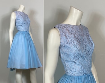 50s 60s Party Dress| 60s Pastel Lavender and Blue Lace & Chiffon Dress| 50s 60s Metal Zipper Dress| Size Small to Medium