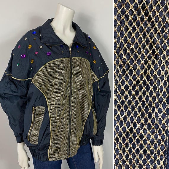 80s 90s Rhinestone Embellished Jacket Colorful Windbreaker Clipper 