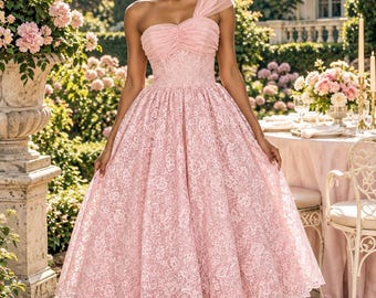 1950s Pink Lace Prom Dress XS | Vintage Pastel Pink Wedding Dress | Ruched Bodice Full Skirt Party Dress | 50s Formal Dress