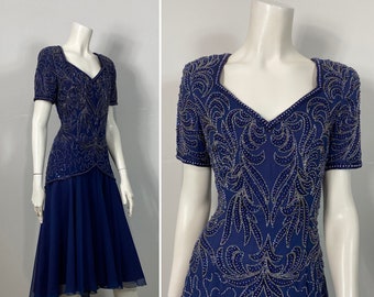 80s 90s Beaded Evening Gown| 80s Golden Girls Evening Gown| Navy Blue Beaded Formal Dress| Carlon Barton Dress Size 6 Modern Medium