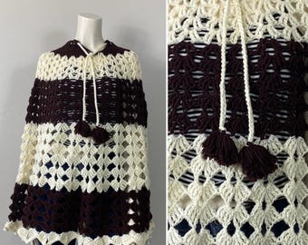 60s 70s Knit Cape Poncho Sweater Brown & Cream Striped| Fall Autumn Poncho| Cottagecore Cape| Grandmacore