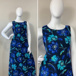 90s Floral Back Tie Dress| Blue Black Floral Spring Summer Dress| Plus Size Vintage Floral Dress| Lined Print Dress