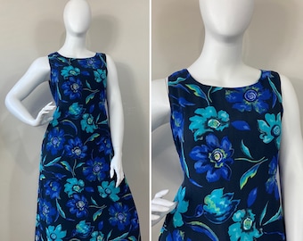 90s Floral Back Tie Dress| Blue Black Floral Spring Summer Dress| Plus Size Vintage Floral Dress| Lined Print Dress