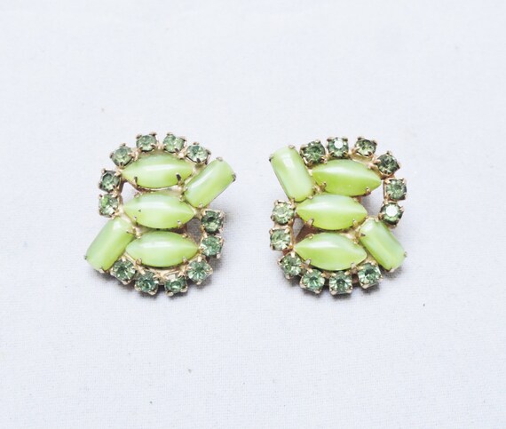 Vintage Earrings 50s 60s Lime Green Stone & Rhines