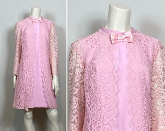 60s Mod Pink Lace Dress Set | Vintage Mother of the Bride Dress & Jacket | Pink Lace Elegance| Metal Zipper Dress Size 12 Modern S-M