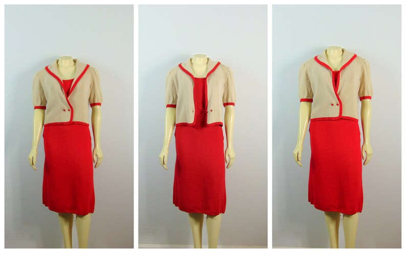 3 Piece Suit Cami Jacket Skirt Modern Vintage Suit 60s 70s St John for Saks Fifth Avenue Knit Suit Coral Red /& Beige