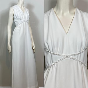 60s 70s White Rhinestone Dress| 60s 70s Leslie Fay White Prom Dress| Simple Vintage Wedding Dress| Bias Cut White Dress| Small White Formal