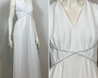 60s 70s White Rhinestone Dress| 60s 70s Leslie Fay White Prom Dress| Simple Vintage Wedding Dress| Bias Cut White Dress| Small White Formal