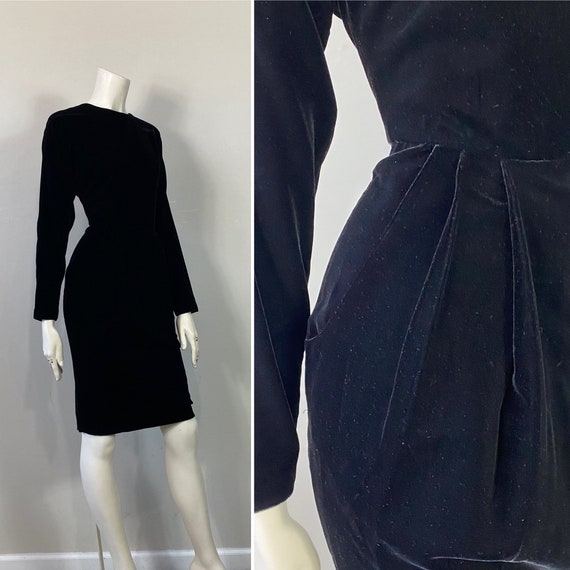 80s Backless Black Velvet Cocktail Party Dress w/… - image 2