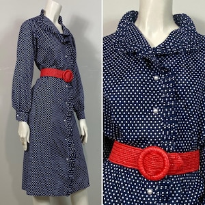 Vintage Polka Dot Dress Navy Blue and White Polka Dots Ruffle Collar Long Sleeve Dress Modern Size Medium