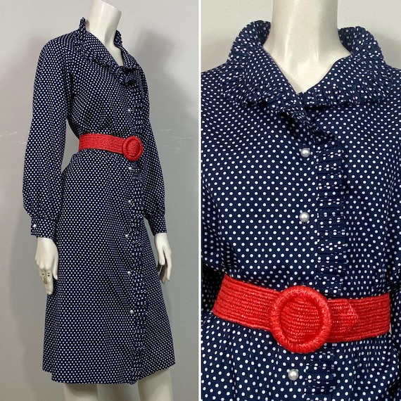 Vintage Polka Dot Dress Navy Blue and White Polka Dots Ruffle Collar Long Sleeve Dress Modern Size Medium