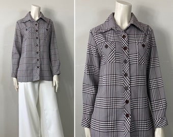 70s Brown White Plaid Button Up Donn Kenny Shirt Modern Size Medium