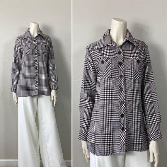 70s Brown White Plaid Top| 70s Plaid Buttondown D… - image 1