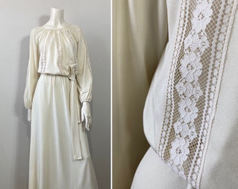 60s 70s Bohemian Dress| 70s Leslie Fay Boho Chic Ivory Cream Maxi Dress Lace Panels| Belted Dress| Bohemian Wedding Dress  Modern Size Small