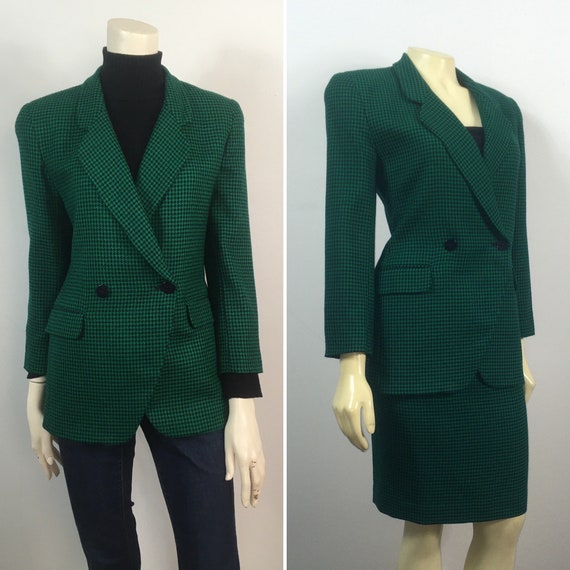 80s Houndstooth Suit| Green Black Houndstooth Suit