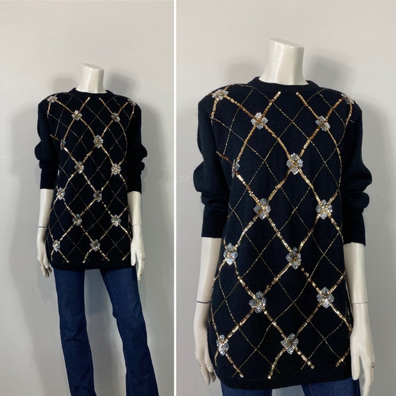 80s Sweater | Vintage 80s Alfred Dunner Black Gol… - image 3