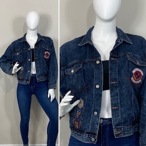 Vintage Jacket  Acid Wash Jean Jacket Corniche Varsity Patches Size Large Modern S M L Xl Xxl