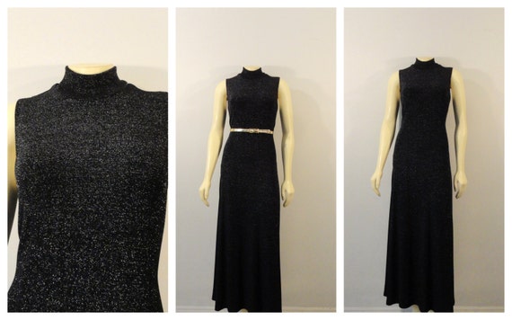 Vintage Dress 90s Shimmering Black Sleeveless Moc… - image 3