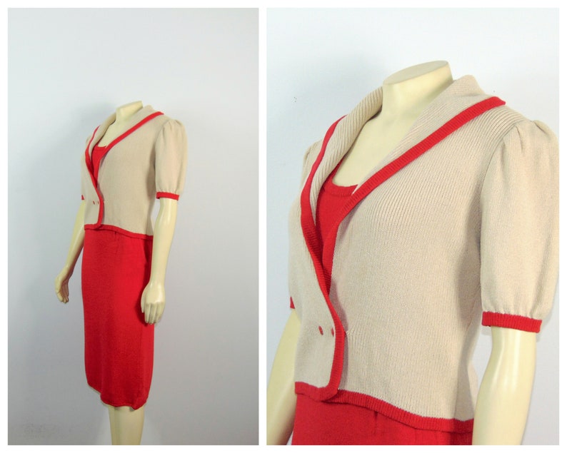 3 Piece Suit Cami Jacket Skirt Modern Vintage Suit 60s 70s St John for Saks Fifth Avenue Knit Suit Coral Red /& Beige