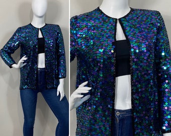 80s 90s Iridescent Sequin Jacket| Vintage Oleg Cassini Sequin Jacket| Purple Blue Teal Sequin Modern Size