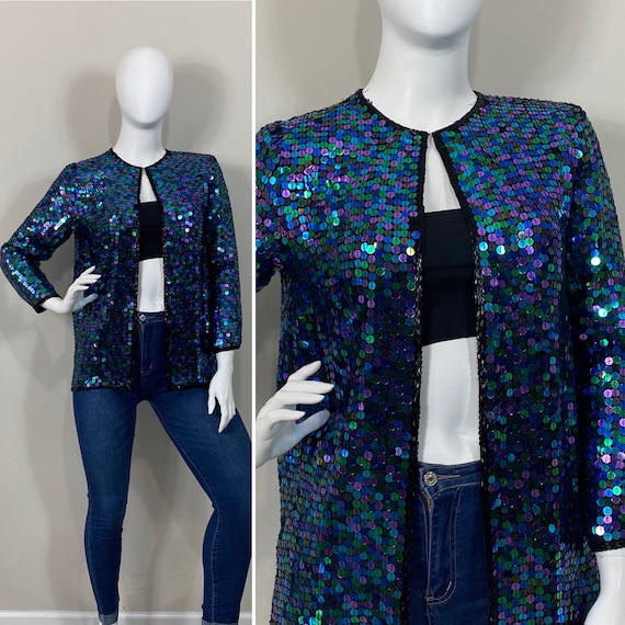 80s 90s Iridescent Sequin Jacket Vintage Oleg Cassini Sequin Jacket Purple Blue Teal Sequin Modern Size Etsy