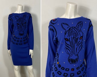 90s Vintage Dress Unique Dressy Tessy Zebra Horse head Studs Stones and Fun Modern Small to Medium