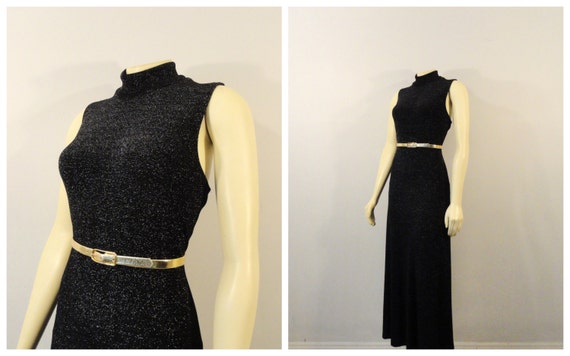 Vintage Dress 90s Shimmering Black Sleeveless Moc… - image 1