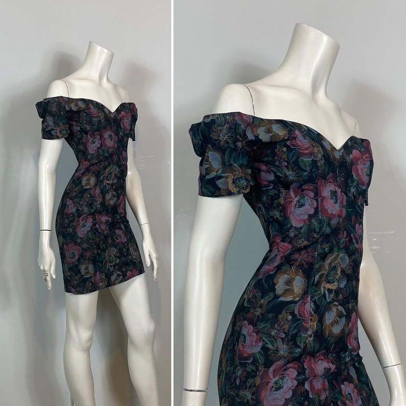 80s 90s Dark Floral Fitted Dress 80s 90s All That Jazz Black - Etsy