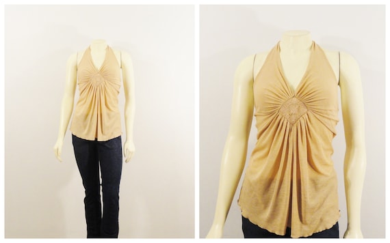 90s Halter Top| Vintage Tan Semi Sheer Halterneck