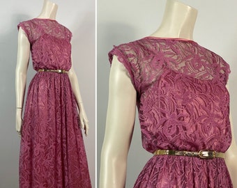 Vintage Lace Gown| 70s Mauve Pink Lace Dress| Romantic Lace Dress| Pink Lace Wedding Dress| Size 3/4 Modern Size xxs - xs
