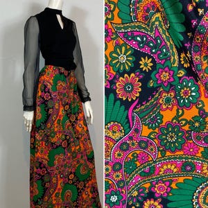 NWOT 60s Psychedelic Paisley Evening Gown| Colorful Chiffon Sleeve Vintage Dress| Retro Prom Formal Medium