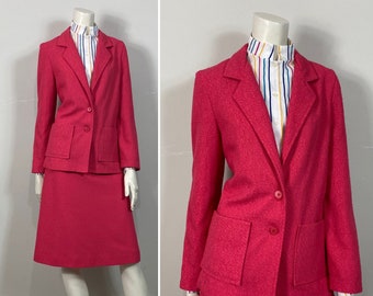 60s 70s Pink Suit| 70s Vintage Suit Devon Textured Hot Pink Blazer & Skirt Union Made in USA Size 8 Modern Small