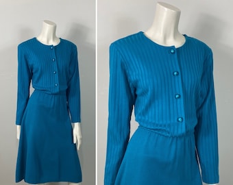 79s 80s Shirtdress| 70s 80s Vintage Turquoise Blue Shirtwaist Dress| Vintage Long Sleeve Dress Size 10 Modern Medium