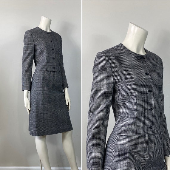 60s Wool Suit| 60s Black White Houndstooth Plaid … - image 3