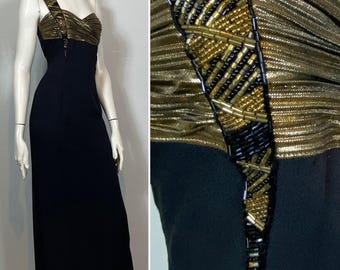 90s Prom Dress| 90s Evening Gown| 90s Ever Beauty Black Gold Beaded Evening Gown| 90s Formal Gown| Black & Gold Formal Dress|Sz 4 Mod XS - S