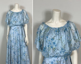 Dreamy Blue Floral Vintage Formal Gown | 60s 70s Delicate Flowers Dress | Bohemian Ethereal Prom Dress| Vintage Bridesmaid Dress S