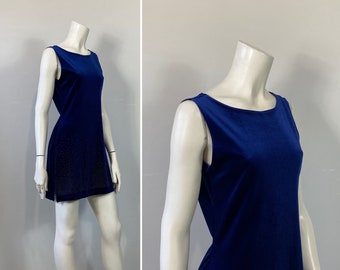 Vintage Dress 90s Indigo Blue Stretch Velvet Mini Dress Sparkling Hem Size Medium Modern M - L