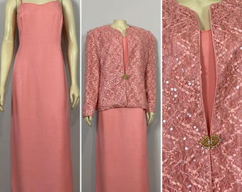 00s Y2K Karen Laurence Peach Black Tie Dress & Ribbon Lace Jacket Evening Gown Set Size 16 Modern Large