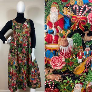 90s Vintage Christmas Collage Pinafore Dress Large | Festive Holiday Outfit | Retro Holiday Fashion