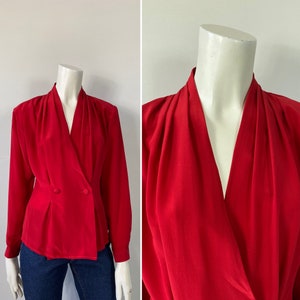 80s 90s Vtg Red Silk Blouse Jacket| 80s 90s Vintage Silk Peplum Blouse| Red Silk Blouse| 80s 90s Shoulder Pads Silk Blouse Sz Medium