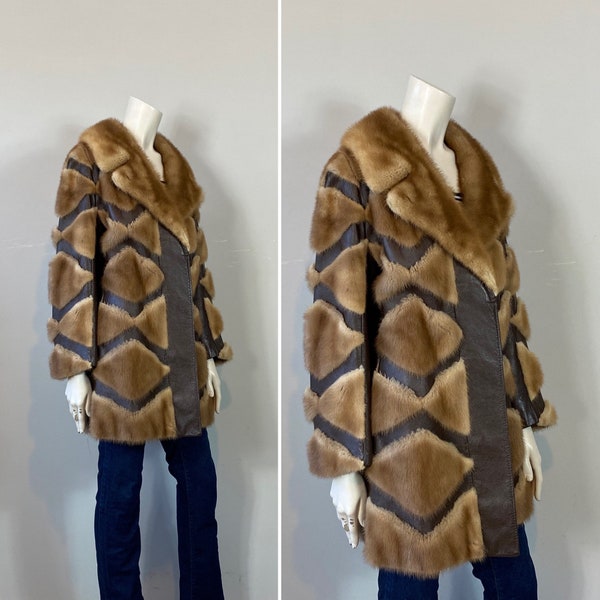 Funky 70s Fur Coat L - XL : Bruno & Joseph Furs Coat with Leather Zigzag Design Retro Statement Piece | Brown and Blonde Leather N Fur